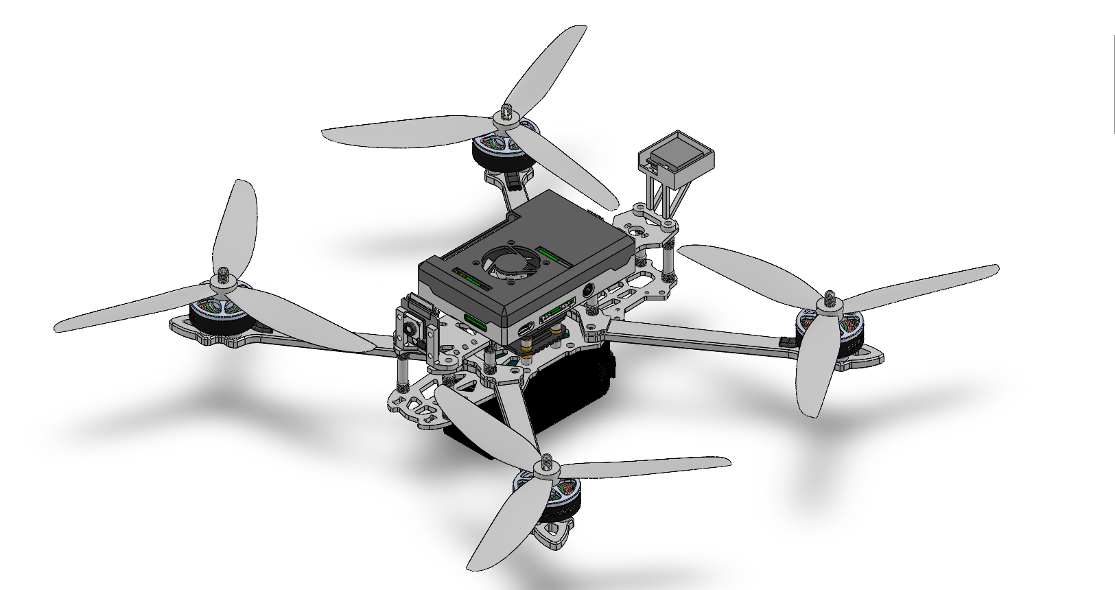 Assembled CAD view of the same quadcopter from above and to the side, showing the Raspberry Pi with its cooler mounted over the flight-controller stack.