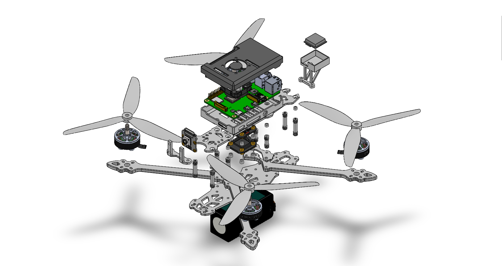 Exploded CAD view of the quadcopter: four motors and three-blade propellers on a carbon frame, the flight-controller stack on standoffs, the Raspberry Pi and active cooler above it, the camera on a front mount, and the GPS module on a raised mast.