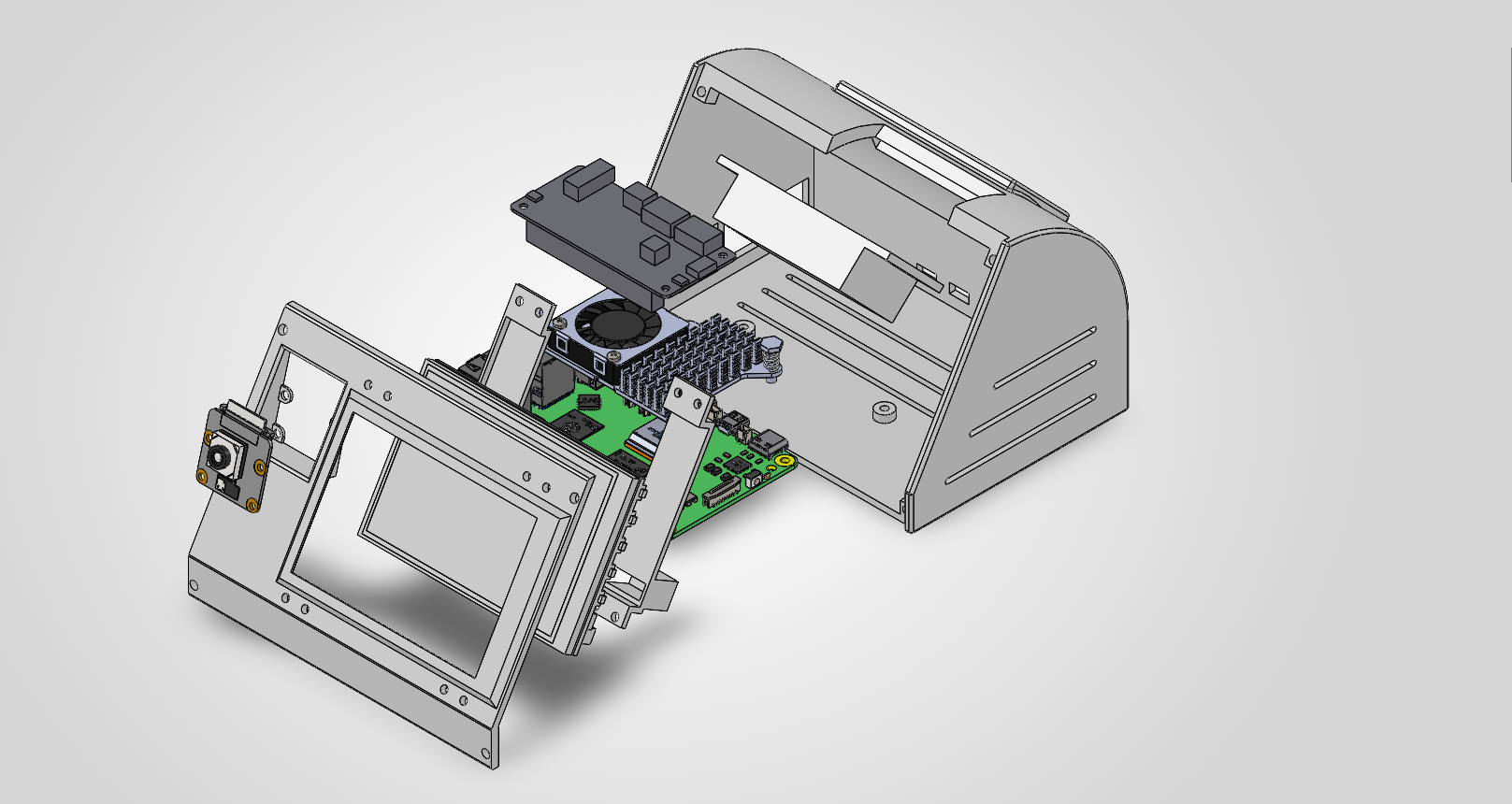 Exploded CAD view of the same enclosure: the camera module and front bezel, the panel, the Raspberry Pi 5 with active cooler, the HAT above it, and the curved rear shell.