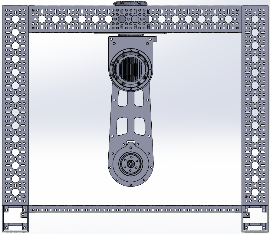 CAD front view of the robotic actuator in its test frame: a belt-driven two-stage joint mounted between two perforated aluminium uprights.